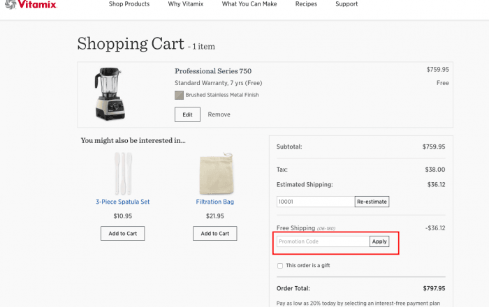 How to use a promotion code at Vitamix 