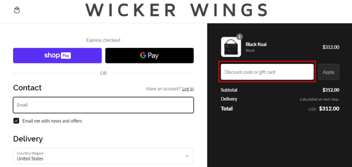 How to use Wicker Wings promo code