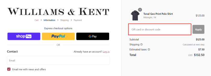 How to use Williams & Kent promo code