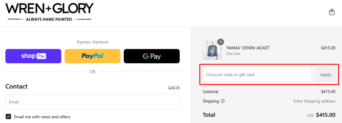 How to use Wren + Glory promo code