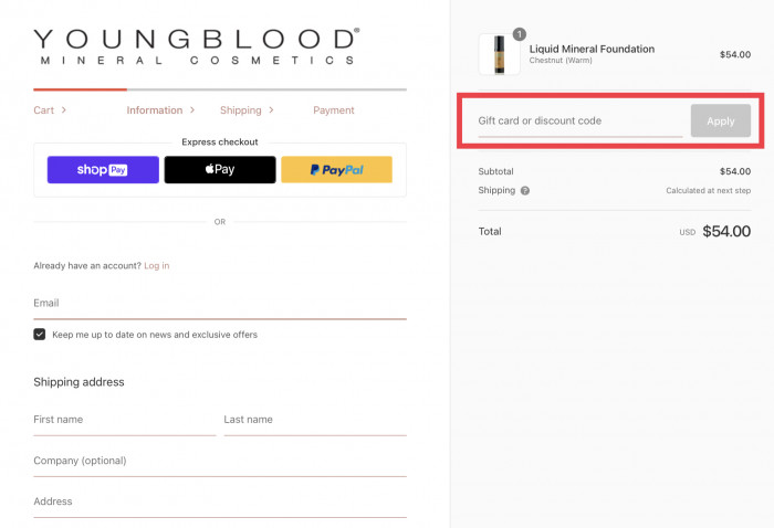 How to apply discount code at Youngblood Mineral Cosmetics
