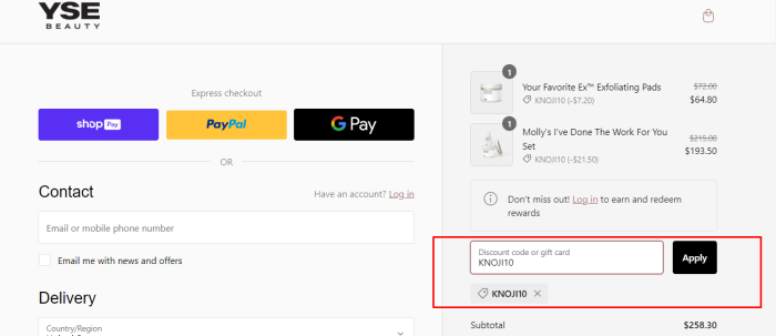 How to use YSE Beauty promo code
