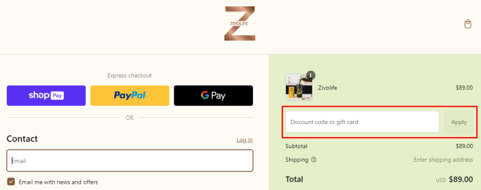 How to use Zivolife promo code