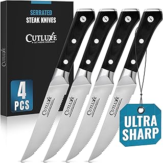 Cutluxe 4-Piece Serrated Steak Knife Set – German High Carbon Steel, Ergonomic Handle, Artisan Series