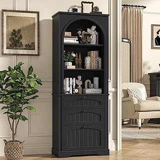 Vabches 68" Tall Rustic Black Bookcase with File Drawers & Open Shelves