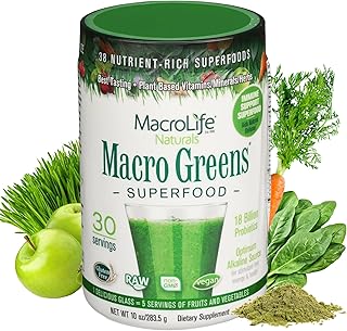 MacroLife Naturals Macro Greens Superfood Blend – 38 Superfoods & Probiotics | Non-GMO, Vegan, Gluten-Free | 10 oz (30 Servings)