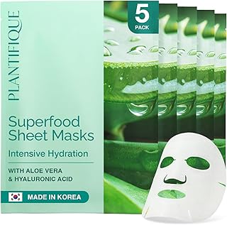 Plantifique 5-Pack Hydrating Aloe Vera Face Masks for Dry Skin Relief
