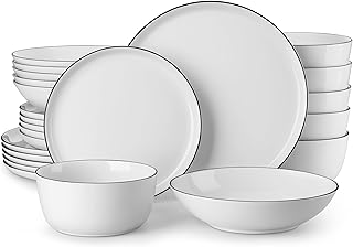 MALACASA 24-Piece Gourmet Porcelain Dinnerware Set in White & Black Rim