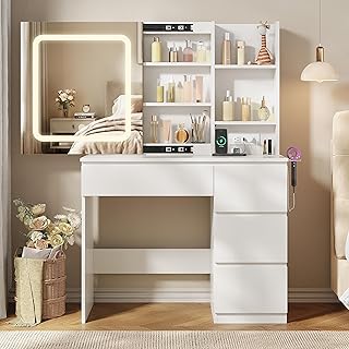 Vabches Makeup Vanity Desk with Mirror, Stool, Lights, & Storage