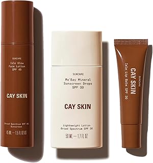 Cay Skin Isle Glow Face Moisturizer SPF 45, Mo’Bay Sunscreen Drops SPF 30, & Isle Lip Balm Set