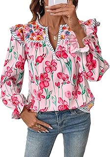 SHEWIN Women's Long-Sleeve Chiffon Blouse with Floral Print and V Neck
