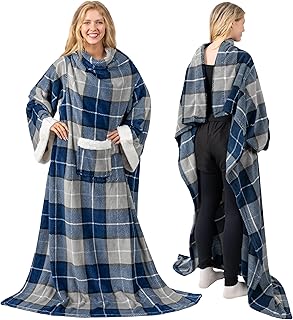 PAVILIA Cozy Sleeved Fleece Blanket in Plaid Blue