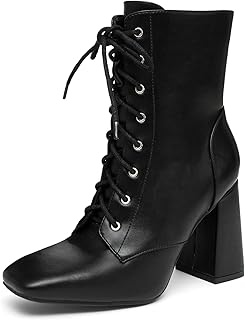 NEWBELLA Square Toe Ankle Boots with Zip, Block Heel Booties for Casual Daily Wear