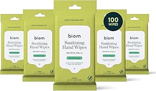 Biom Travel-Size Hand Sanitizing Wipes (5-Pack) - 65% Ethanol, 99.9% Germs, Hypoallergenic Santal Escape Scent