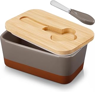 MALACASA Large Ceramic Butter Keeper with Bamboo Lid, Brown Series TARA