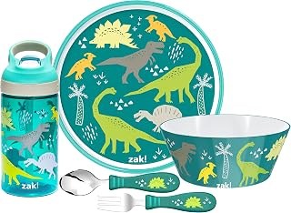 Zak! Designs Dinosaur Dinnerware Set for Kids, with Plate, Bowl, Utensils & Bottle