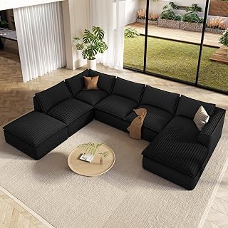 Vesgantti 7-Seat Large Black Modular Couch with Chaise & Ottoman, Plush Corduroy Sectional for Living Room