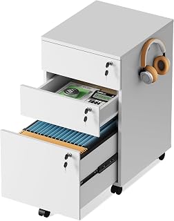Devaise 3-Drawer Mobile File Cabinet with Locks, White for Office Storage