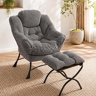 Lazy Chair Set with Ottoman & Pocket, Cozy Flannelette Reading Lounge for Small Spaces