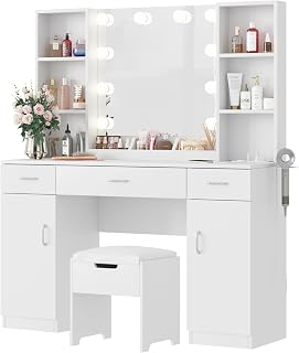 Vabches LED Makeup Vanity with Storage Stool & Power Strip