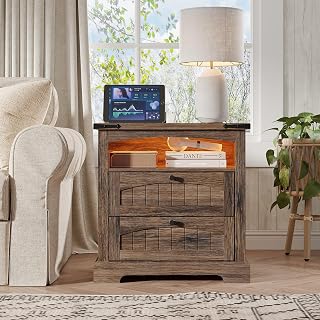 Vabches Vintage Nightstand with Integrated Charging & LED Lights