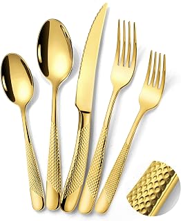 Lemeya 18/10 Hammered Gold Silverware Set for 4, Heavy-Duty Cutlery for Home & Events