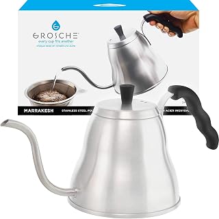 GROSCHE Silver Stovetop Kettle with Thermometer & Gooseneck Spout for Precise Coffee & Tea Pouring