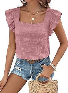 Shewin Women's Square Neck Chiffon Blouse with Ruffle Detail