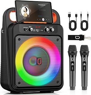 JYX Karaoke System with 2 Wireless Mics & LED Lights, Bluetooth Speaker for Outdoor/Indoor Parties