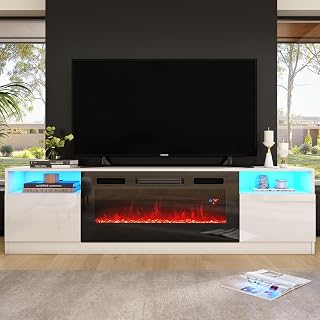 AMERLIFE 80" TV Stand with Integrated Electric Fireplace | Dual Finish, LED Lighting, for 90" TVs