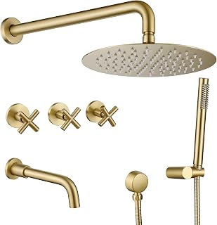 RBROHANT 10" Round Brushed Gold Shower Faucet Set with Tub Spout & Handheld