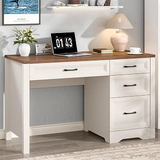Vabches Rustic White Farmhouse Desk with Storage & Large File Drawer