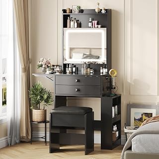 Vabches Makeup Vanity Desk with Fold-up Table, Compact Black Set