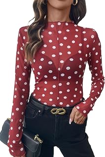 Shewin Women's Polka Dot Mesh Long Sleeve Blouse