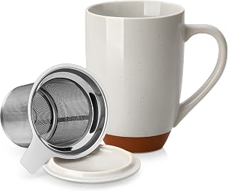 MALACASA 18 oz Ceramic Tea Mug with Lid & Infuser, Khaki Gray