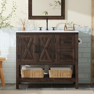 AMERLIFE 36" Brown Farmhouse Sink Vanity with Storage