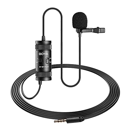 BOYA Lavalier Lapel Microphone - No Battery, by-M1 Pro ll Omnidirectional Condenser Mic for iPhone Camera Android PC Windows - for YouTube, Interview, Video Recording 19.6ft