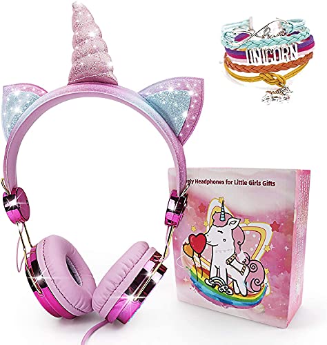 Kandice Kids Headphones, Unicorn Wired Headset with Microphone Adjustable Headband, 3.5mm Jack and HD Sound Over Ear Headphones for School, Birthday, Party, Xmas, Unicorn Gifts