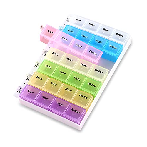 Weekly Pill Organizer Medicine Box: Pill Containers 7 Day 4 Times A Day, Vitamin Containers Organizer, Pill Cases with Spring Open Design and Large Compartment to Hold Vitamins Fish Oil, Rainbow Lids