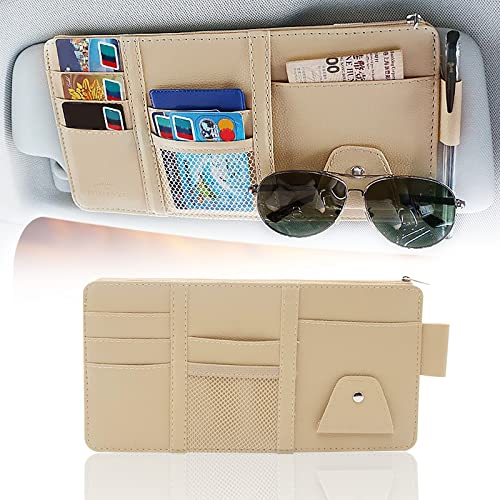 Weftnom Car Sun Visor Organizer Holder: Auto Car Visor Pocket and Interior Accessories, Sunglasses Holders, Travel Document Holder, Truck Storage Pouch Holder with Multi-Pocket Net Zipper (Beige)