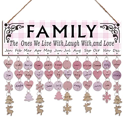Family Birthday Reminder Calendar Board, Unique Mother's Day Gifts, Wooden Calendar Wall Hanging with Tags, Birthday Gifts for Mom Mother Grandma Parents (Pink)