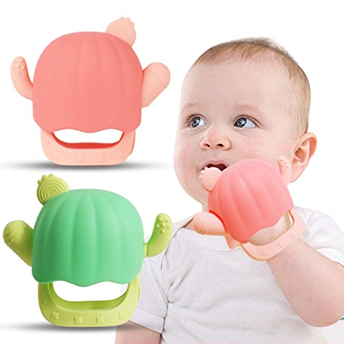 2 Packs Cactus Textured Silicone Teething Toys,Baby Teething Toys,Chew Toys for Infants Suitable for Sucking Needs,Sore Gums Relief Infant teether (Pink + Green)
