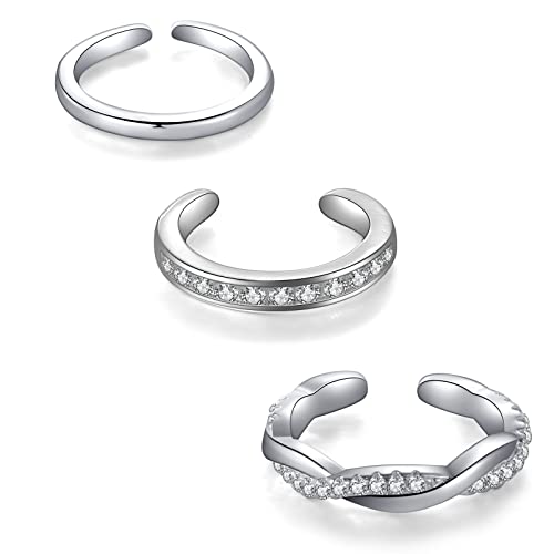 ANHAISHUILV 925 Sterling Silver Toe Rings for Women, 3Pcs Adjustable Open Cuff Toe Ring Hypoallergenic Sparkling Cubic Zirconia Toe Rings Foot Jewelry Set