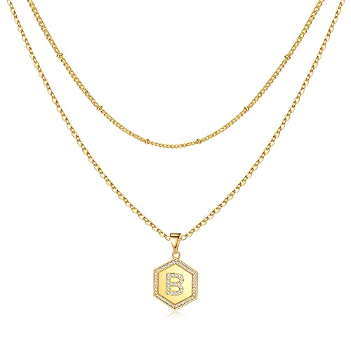 Yoosteel Gold Initial Necklaces for Women, 14K Gold Filled Initial Necklaces for Girls Gold Letter Necklaces for Girls Layering Necklaces for Women Gold Jewelry（B）