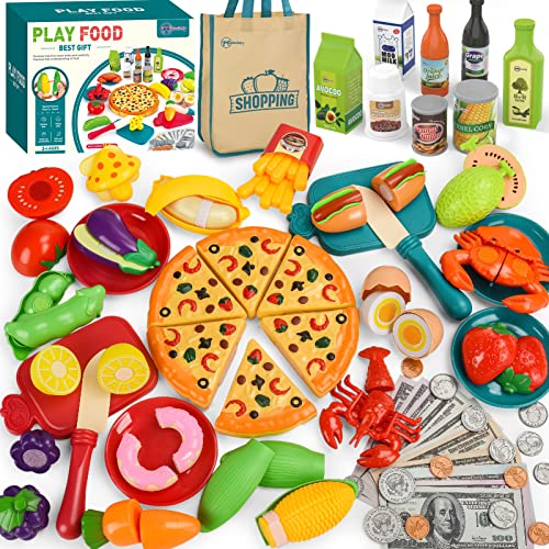 Kidsciety Pretend Play Food, 97pc Play Kitchen Accessories, Toy Food for Kids Kitchen, Fake Food for Toddlers, Cutting Food Toys Fruits Veggies, Pizza, Grocery Store Kitchen Toys, Learning & Education