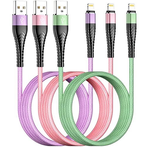 3Colored iPhone Lightning Cable 6FT 3Packs Premium USB Charging Cord, Apple MFi Certified for iPhone Charger, iPhone 13/12/11/SE/Xs/XS Max/XR/X/8 Plus/7/6 Plus Pro Air2(Purple/Green/Pink)