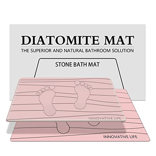 INNOVATIVE LIFE 2-Pack Stone Bath Mats, Large Stone Slab Bath Mat & Extra Large Diatomaceous Earth Mat for Bathroom Non Slip, Super Absorbent, Natural, Easy to Clean, Pink