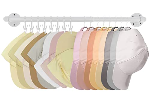 VIEFIN Hat Rack for Wall with 16 Clips & Hooks, Clothes Rack 21.7"-33.5" Adjustable Coat Rack Clothing Racks Wall Mount for Garment Ties,Bathroom Towel Organizer Kitchen Utensils Holder-White
