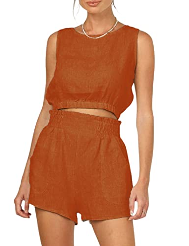 BLUEMING Women's Two Piece Outfits Summer Lounge Sets Sleeveless Round Neck Crop Top Tank Hight Waist Shorts with Pocket Orange_XL